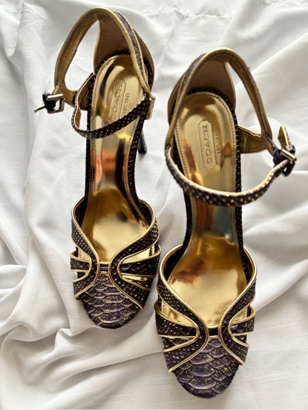 COACH Gold and Brown Embellished Women's Ankle-Strap Heels